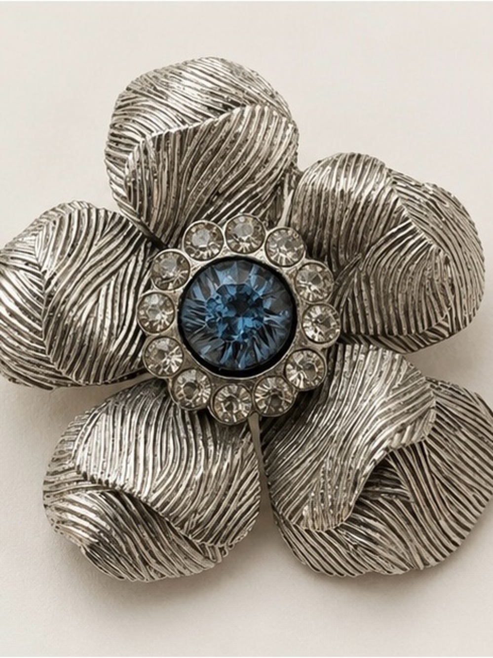 Vintage Coro Silver Tone Flower Brooch Blue Rhinestone Center Mid Century